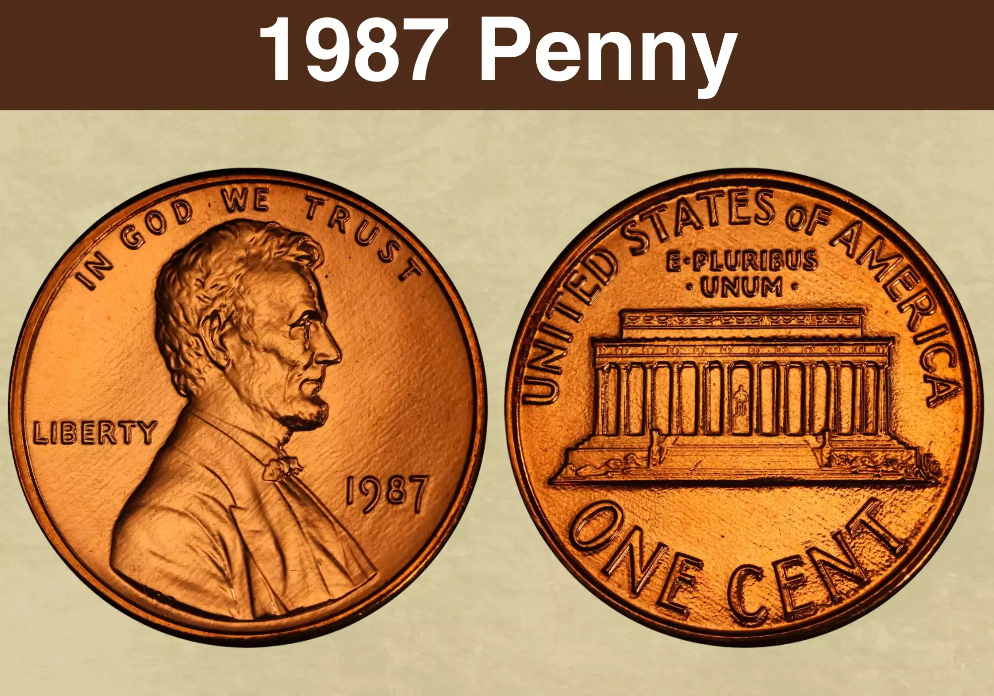 1987 Lincoln Memorial penny obverse and reverse, high-grade Red example