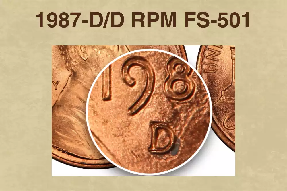 Close-up of 1987-D/D RPM FS-501 mint mark showing secondary D impression shifted north