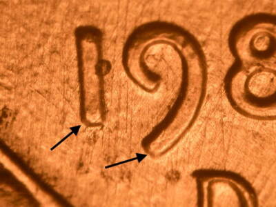 1987 penny doubled die obverse showing visible doubling in the date and lettering