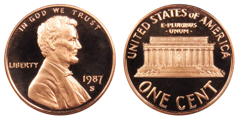 Grading strip showing 1987 Lincoln penny in four condition tiers: worn, circulated, about uncirculated, and gem uncirculated Red